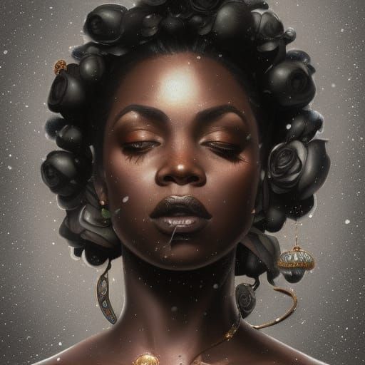 Rose-Adorned Black Woman Portrait in Hyperdetailed Style