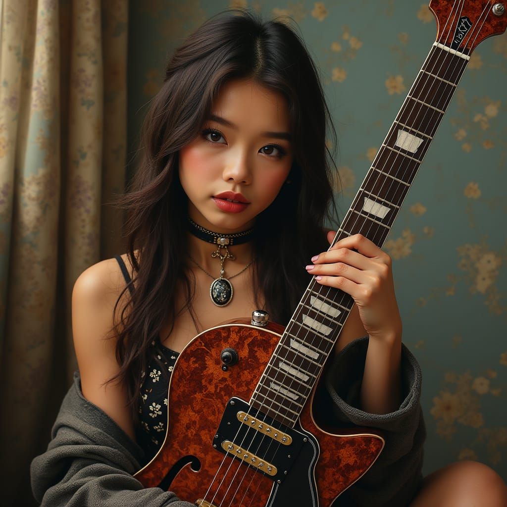 Confident Girl with Guitar in Art Nouveau Style