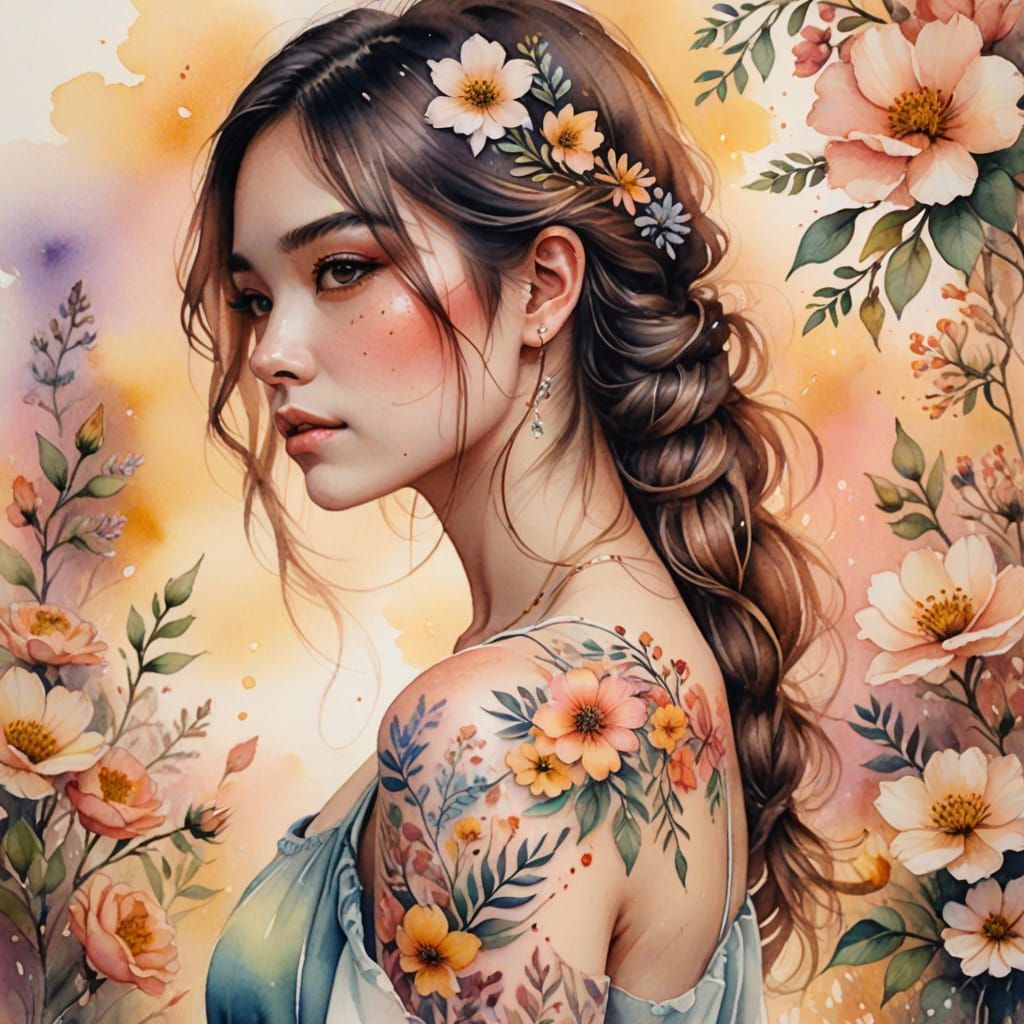 Woman with Floral Tattoos in Watercolor Style