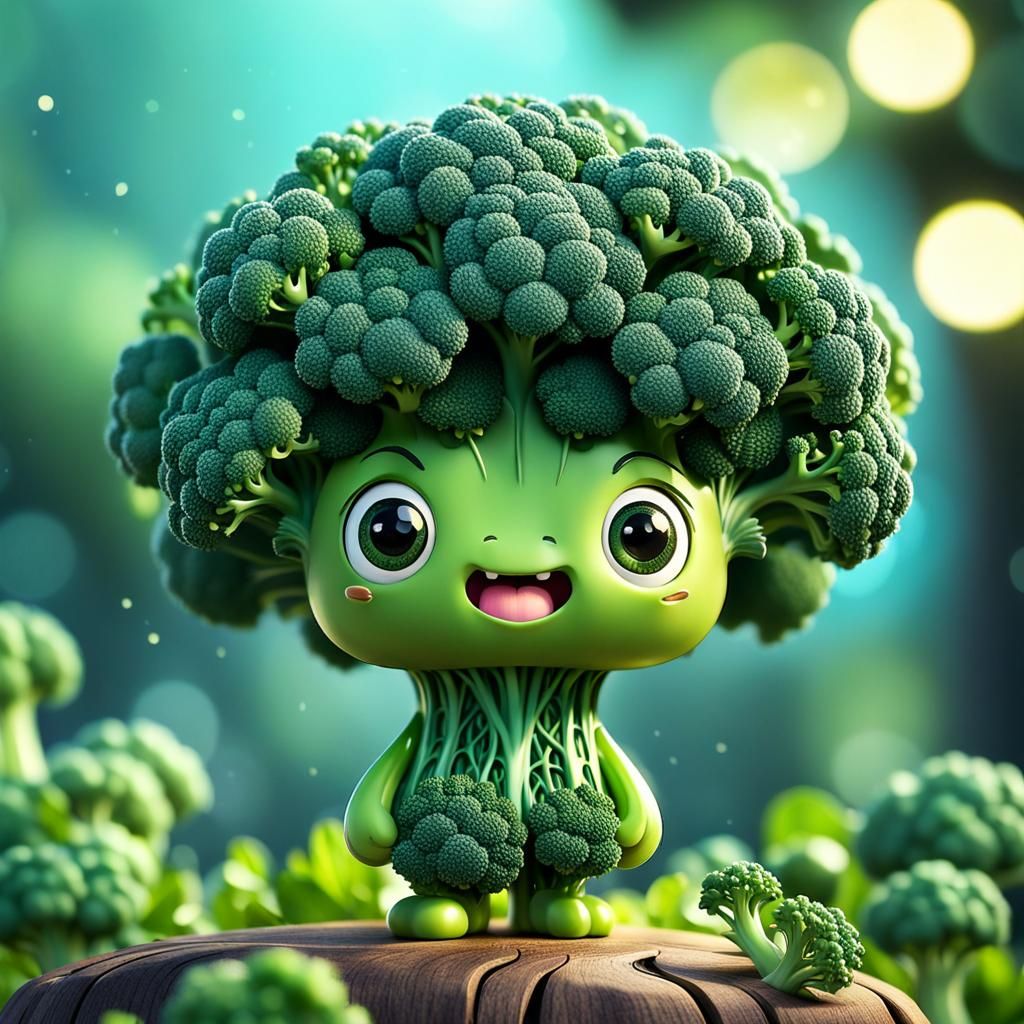 Anthropomorphic Broccoli with Chibi Head, Ghibli Style