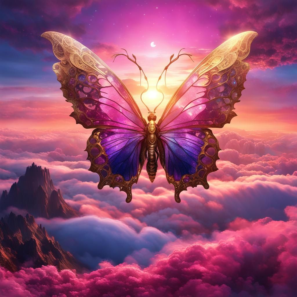 Magical Butterfly Soaring Above Clouds at Sunset