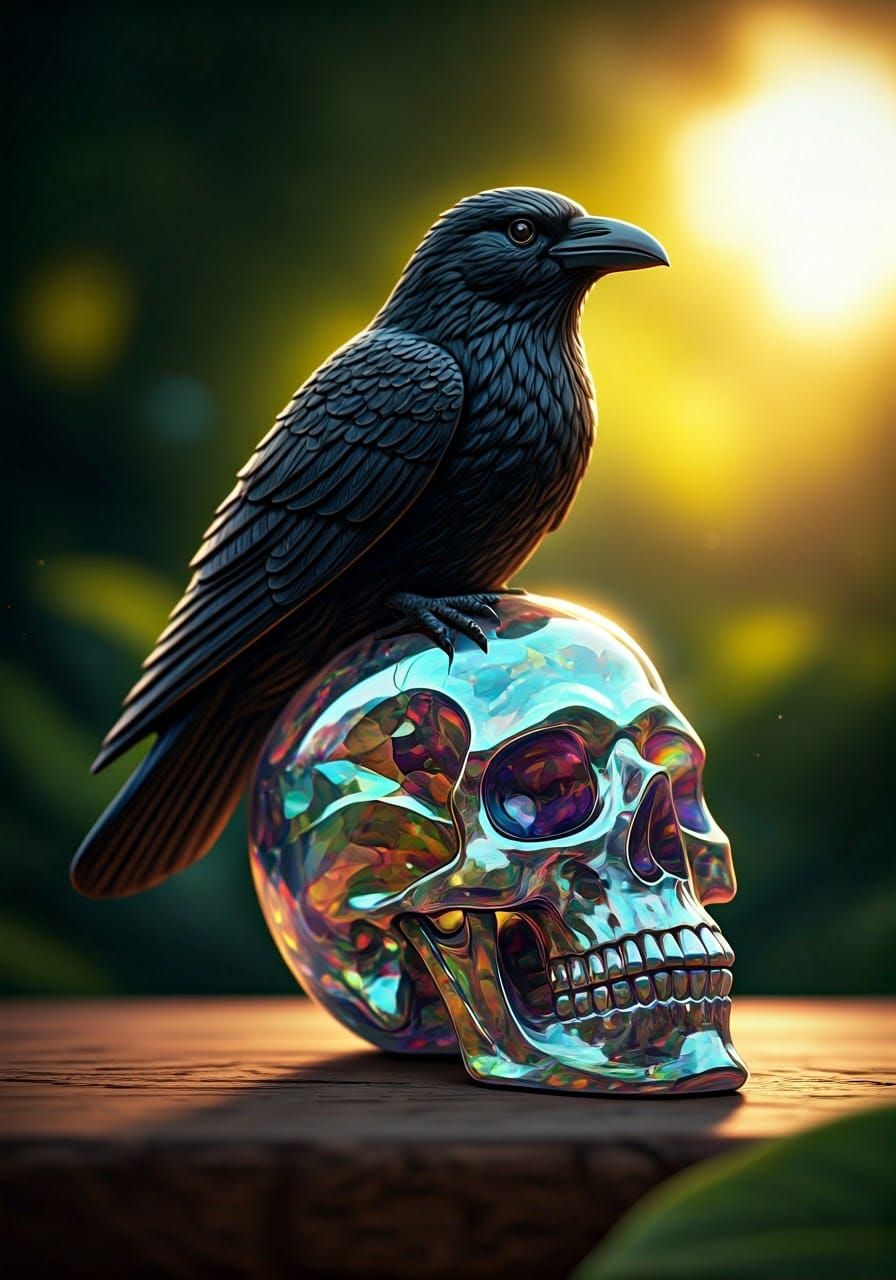 Rainbow Crystal Skull with Onyx Crow Figurine