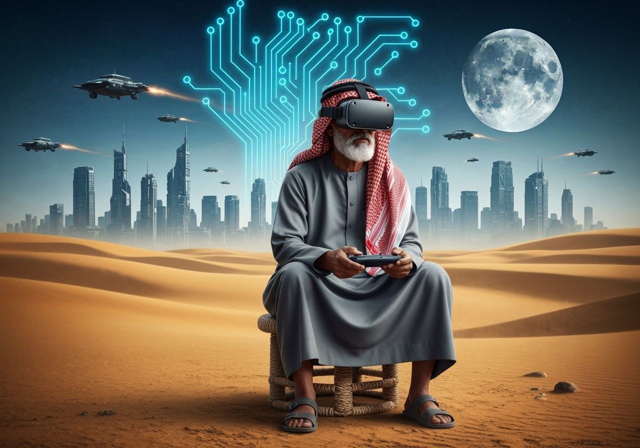 VR Desert Traveler in Futuristic Landscape