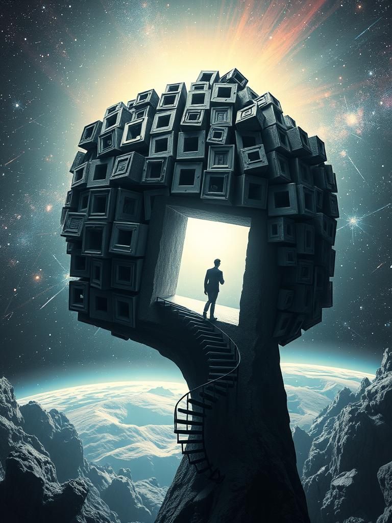 Cosmic Surreal Human with Spiral Staircases