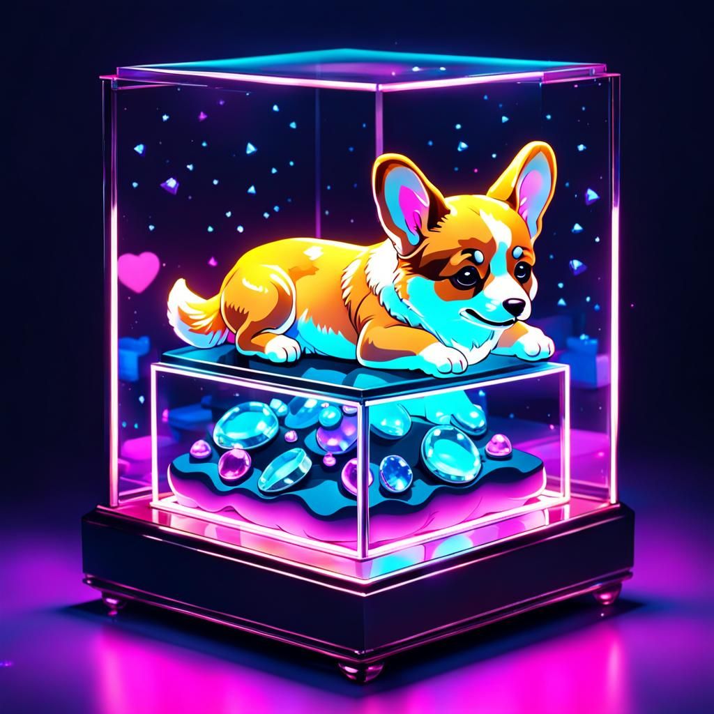 Corgi Puppy in Glass Jewelry Box: Neon Synthwave