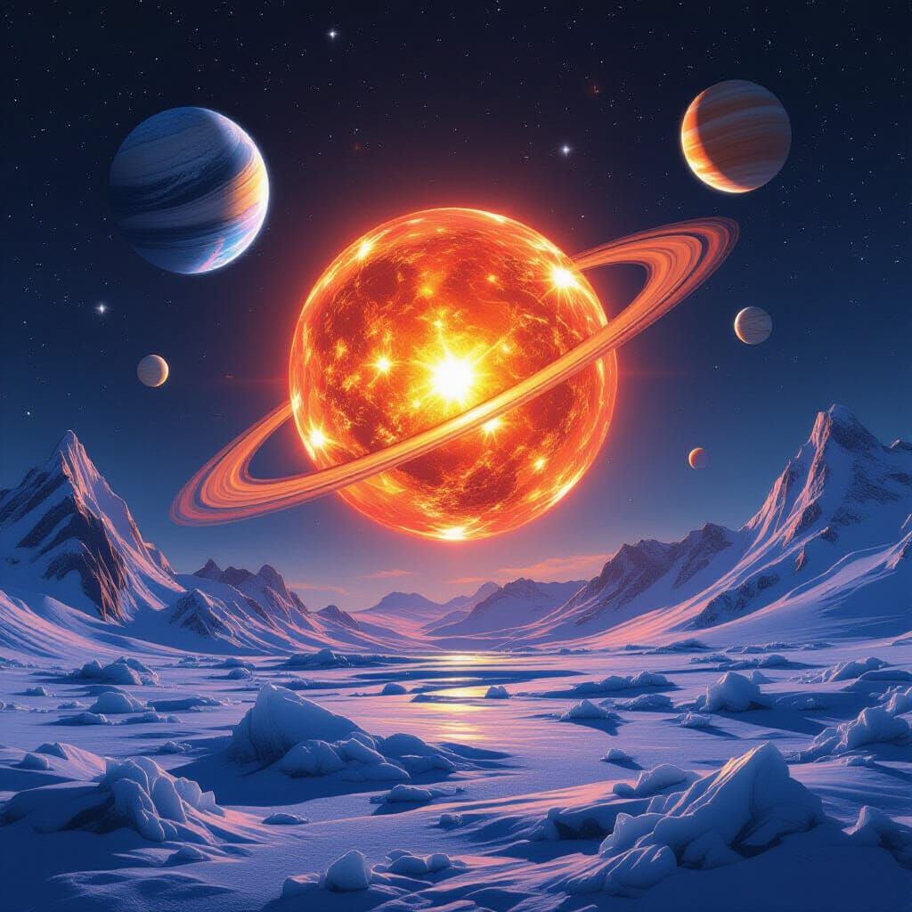 Three Planets Orbiting a Red Sun in Hyperrealism