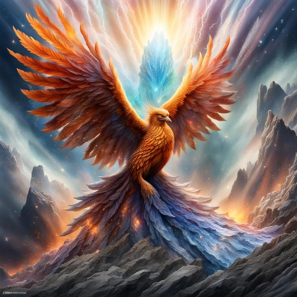 Phoenix Rising: Colorful Rays and Quartz Crystals