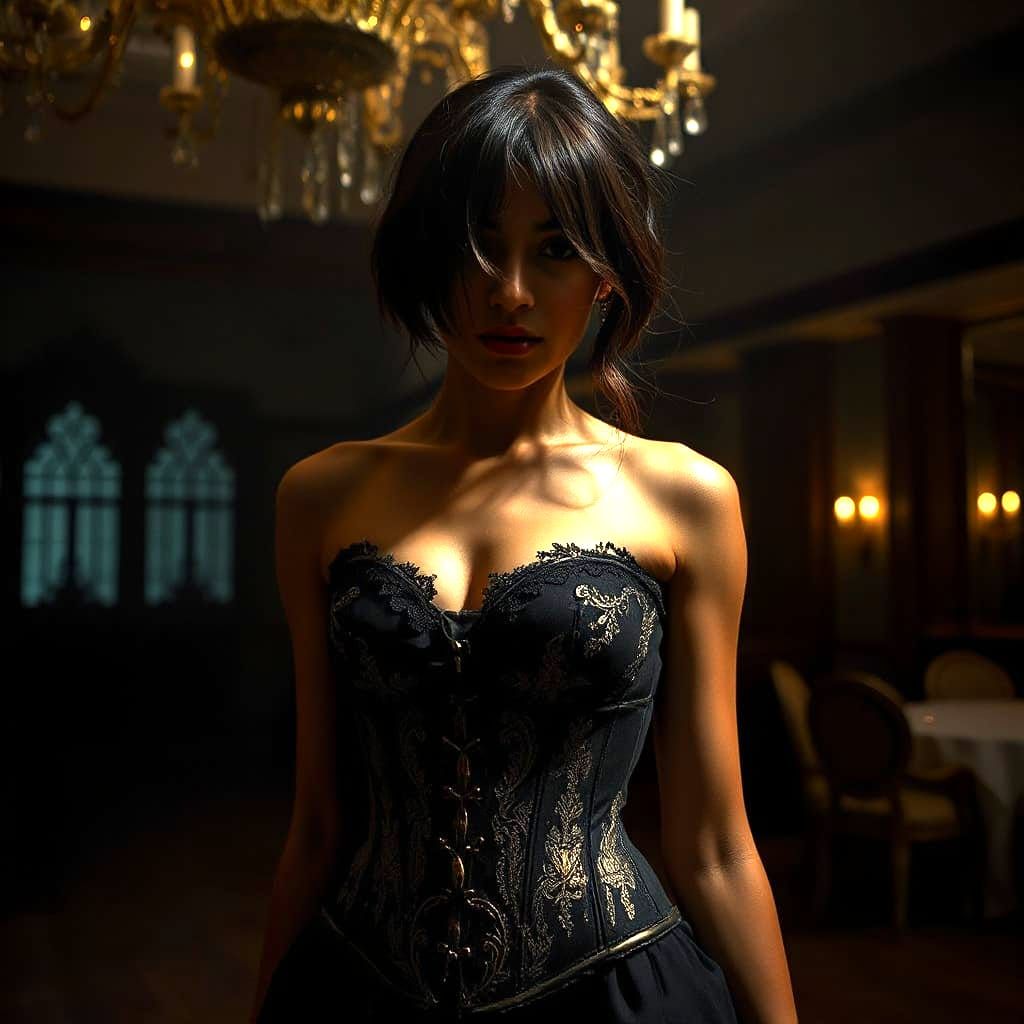 Enigmatic Woman in Dimly Lit Ballroom, Moody Atmosphere
