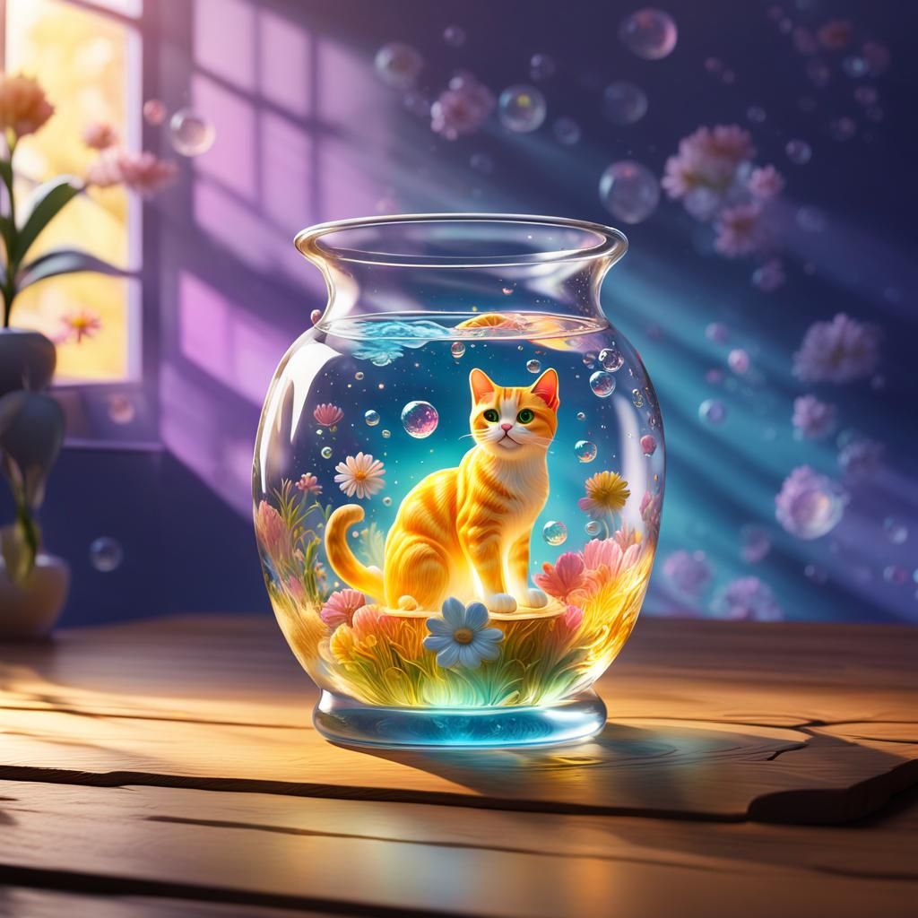 Hyperrealistic Cat Figurine in Glass Container