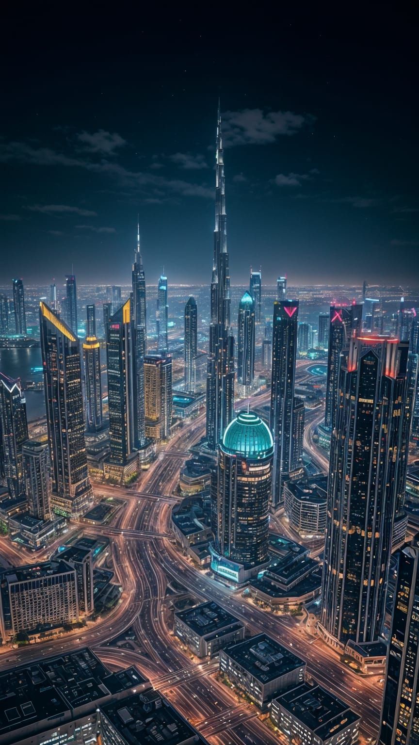 Dubai Skyline at Night with Neon Lights