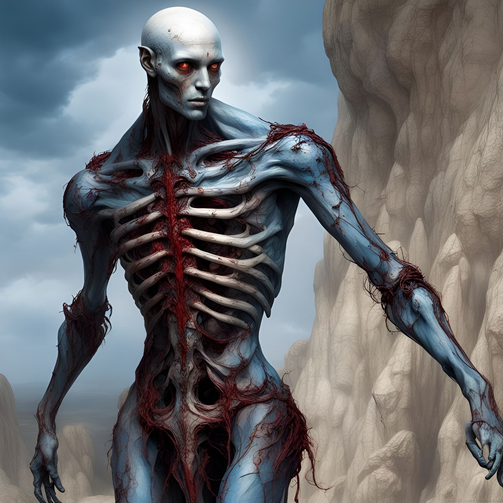 Fantastical Humanoid with Black Eyes, Alabaster Skin