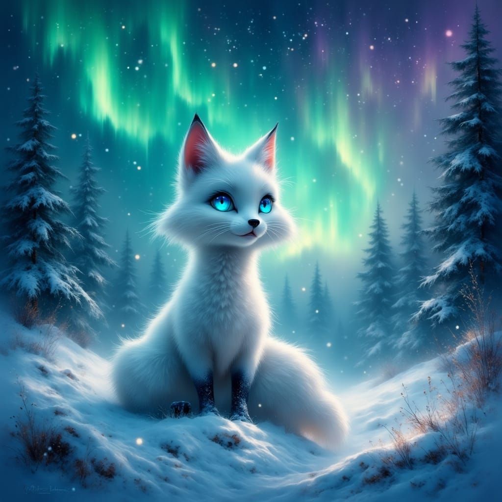 Whimsical Arctic Fox Under Northern Lights