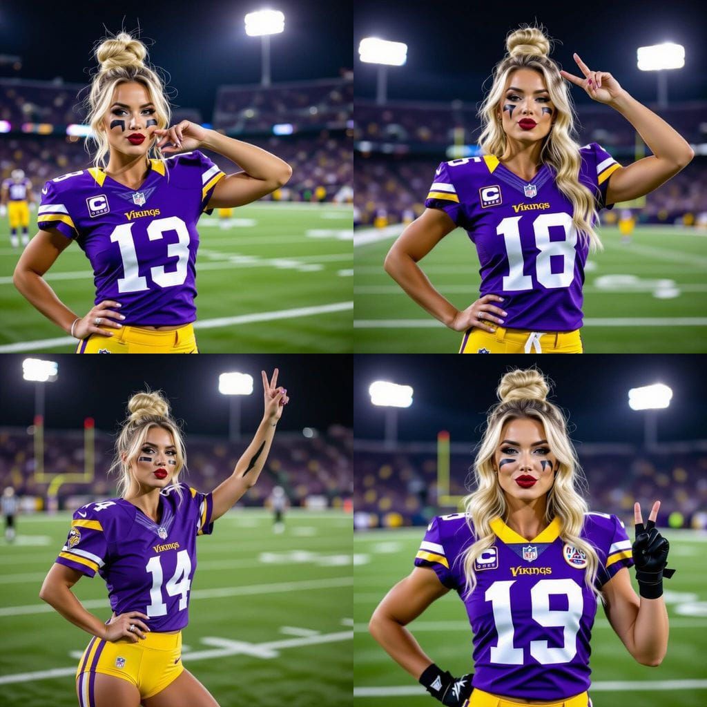 Minnesota Vikings Fan on Football Field at Night