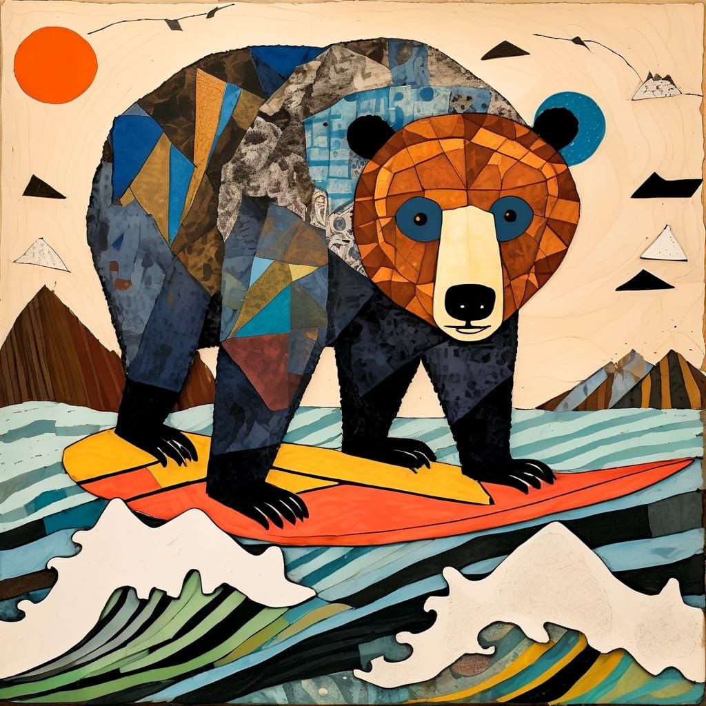 Surfing Bear in Mixed Media Collage