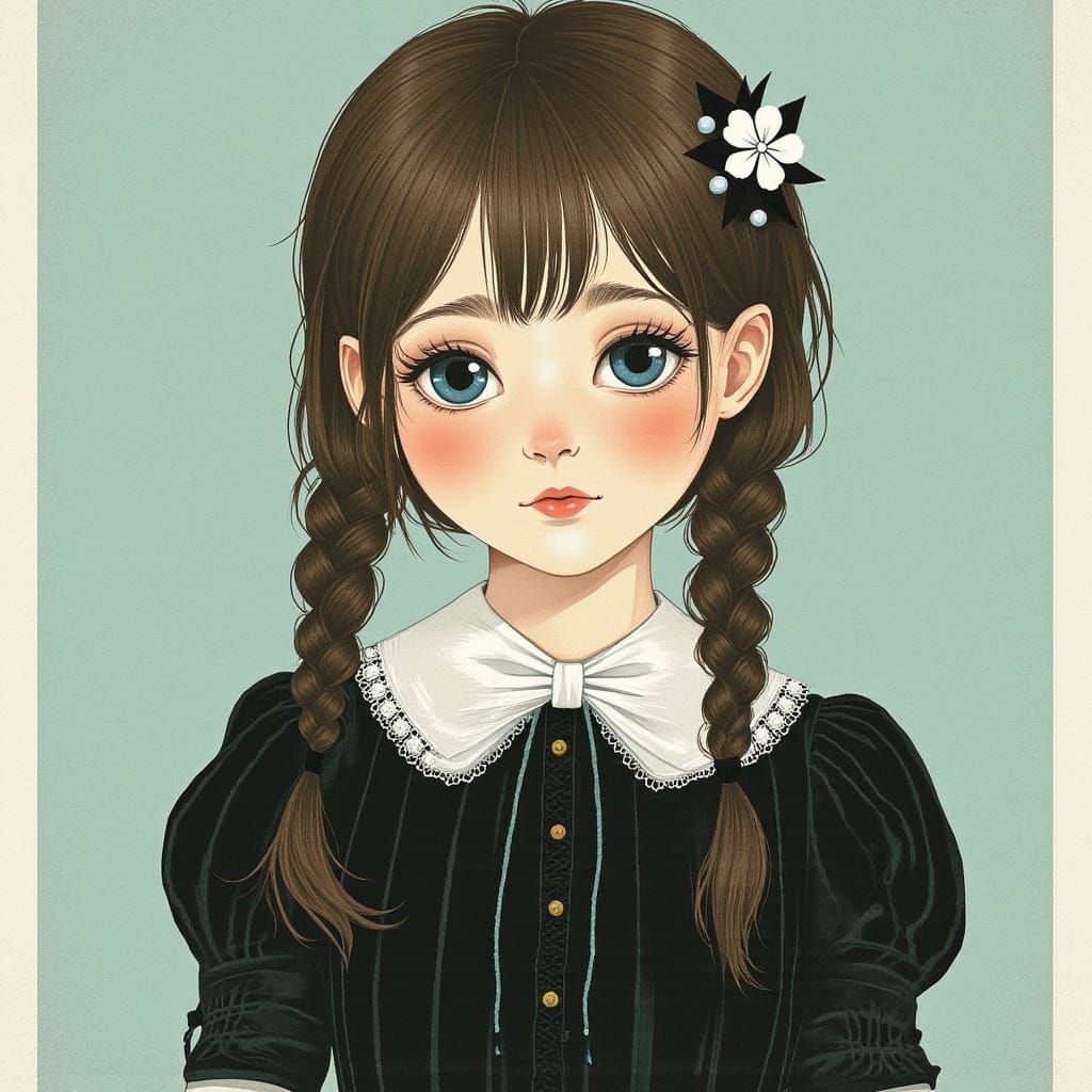 Girl in Black Velvet Dress with Star Hairpin