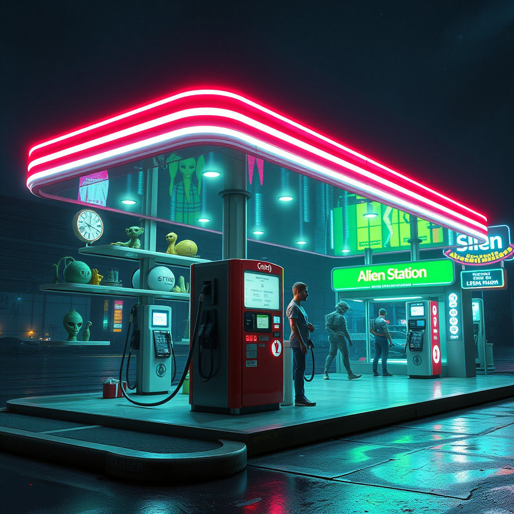 Illuminated Neon Alien Gas Station with Cosmic Setting