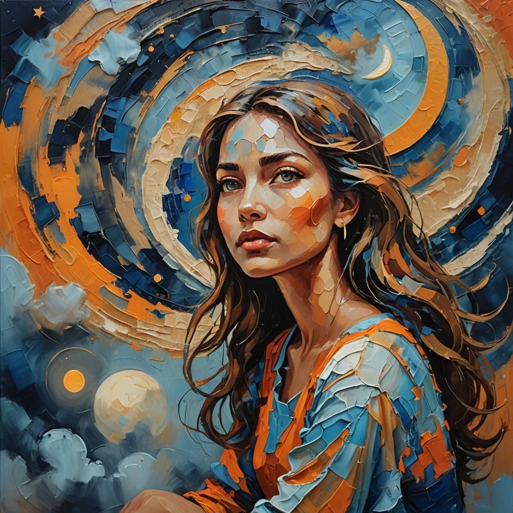 Abstract Expressionism: Girl Staring at Moon in Impasto