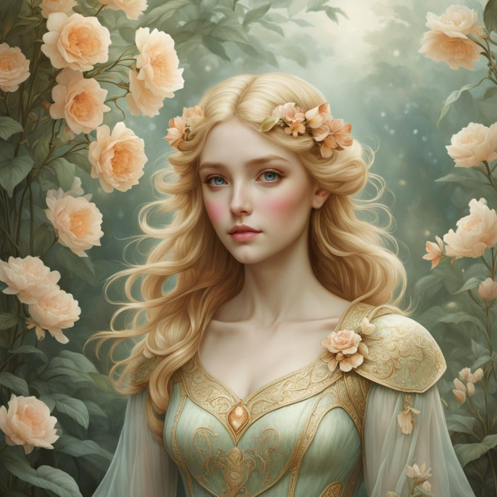 Blonde Woman with Heart in Lush Garden