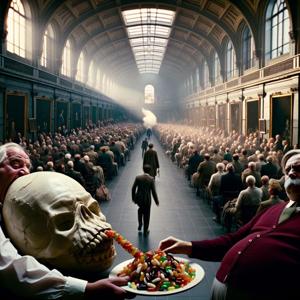 Large Old Man eating Jelly Beans Out of The Flip Top Skull o...