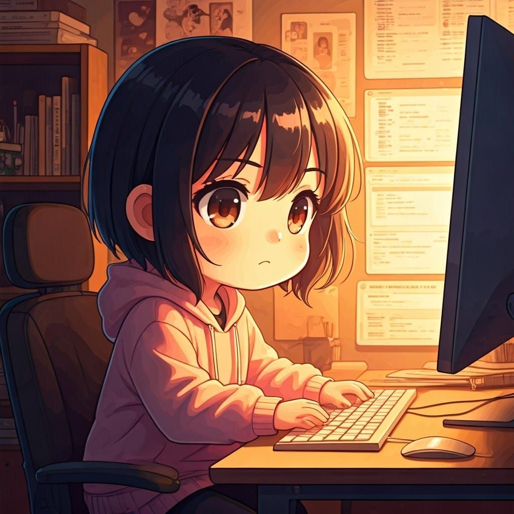Anime Chibi Woman at Computer in Manga Style