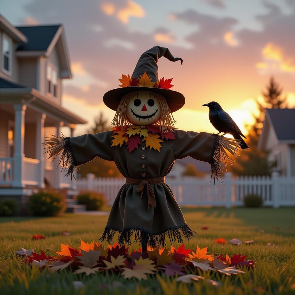 Scarecrow in Autumn Yard with Golden Hour Skies