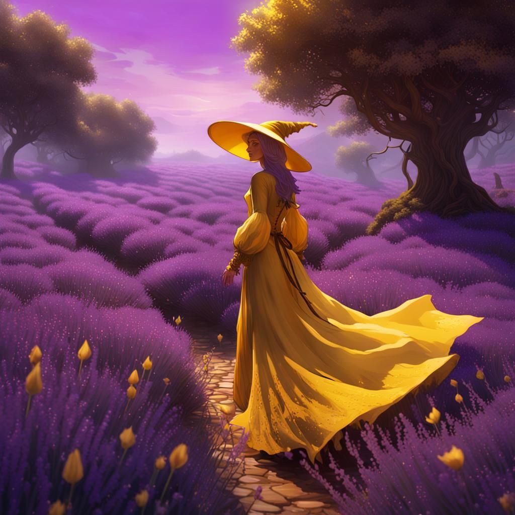 Yellow Witch in Lavender Landscape, Dark Fantasy Art