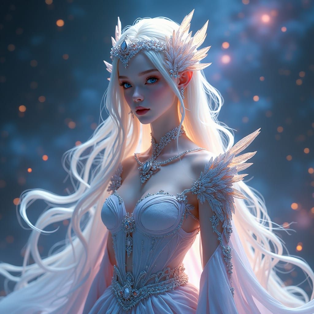 Celestial Being in Crystalline Armor Amidst Stardust