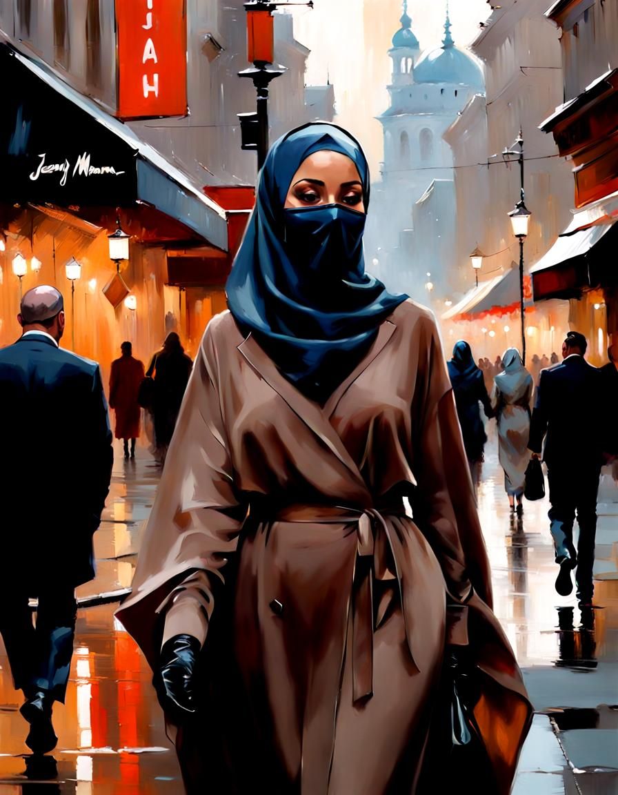 European Woman in Hijab: Oil Painting Portrait