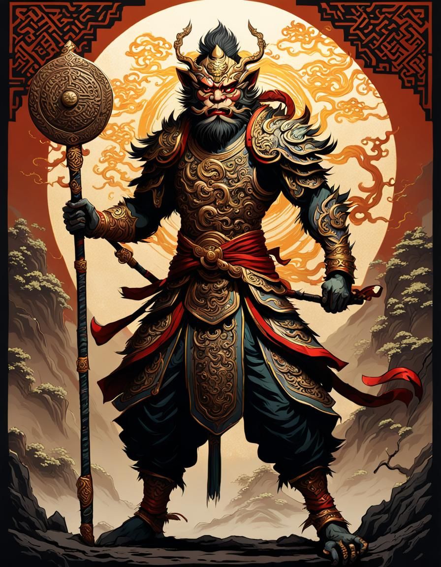 Art Nouveau Sun Wukong in Dark Fantasy Style