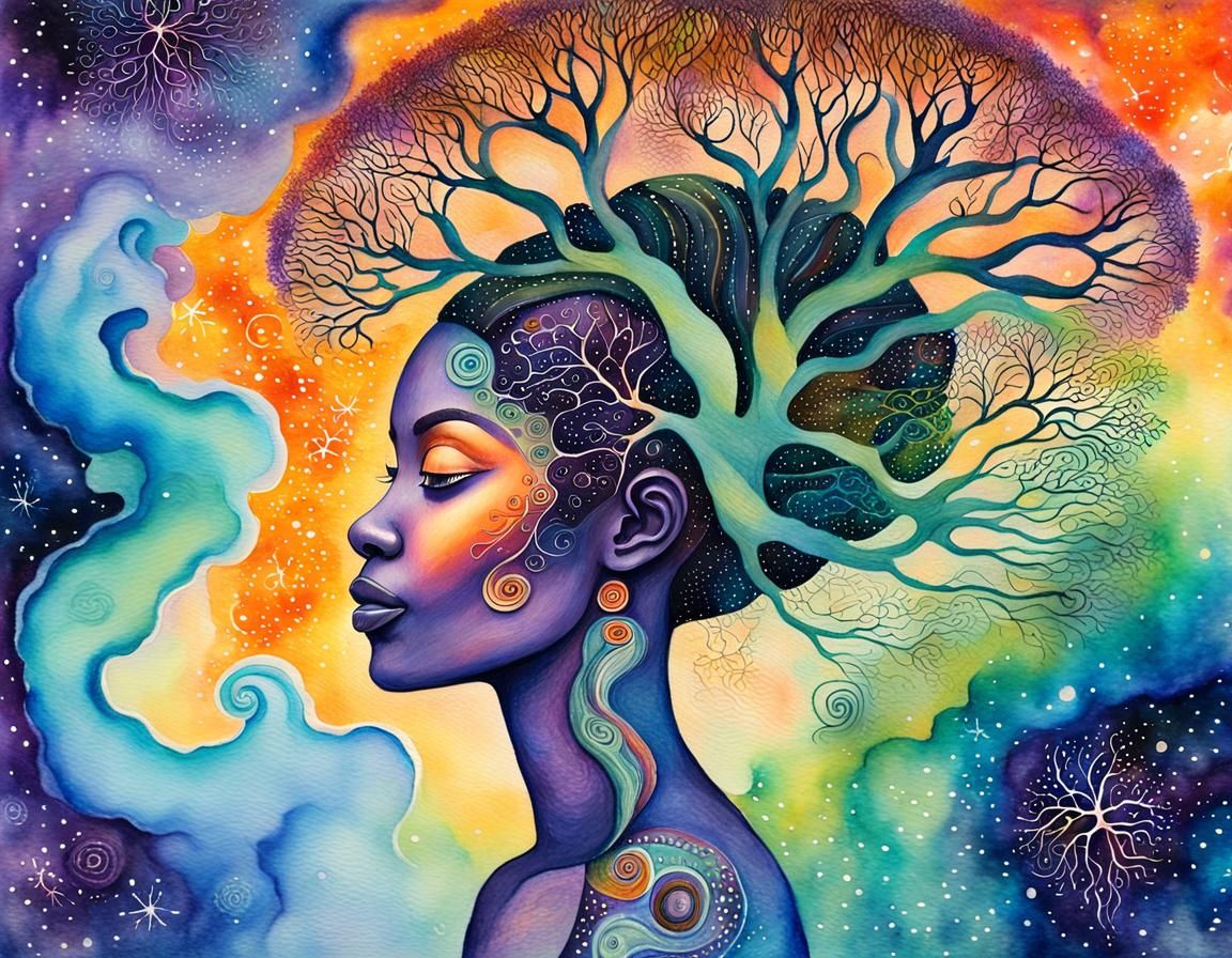Surreal African Nebula Tree: Watercolor Painting