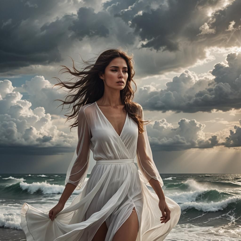Sensual Brunette in White Dress by Stormy Sea