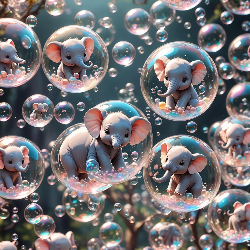 Chibi Elephants in Soap Bubbles: 3D Anime Art