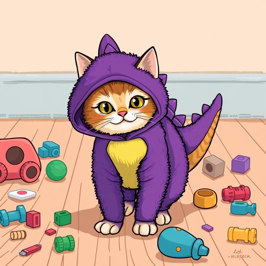 Whimsical Cat in Purple Dinosaur Costume