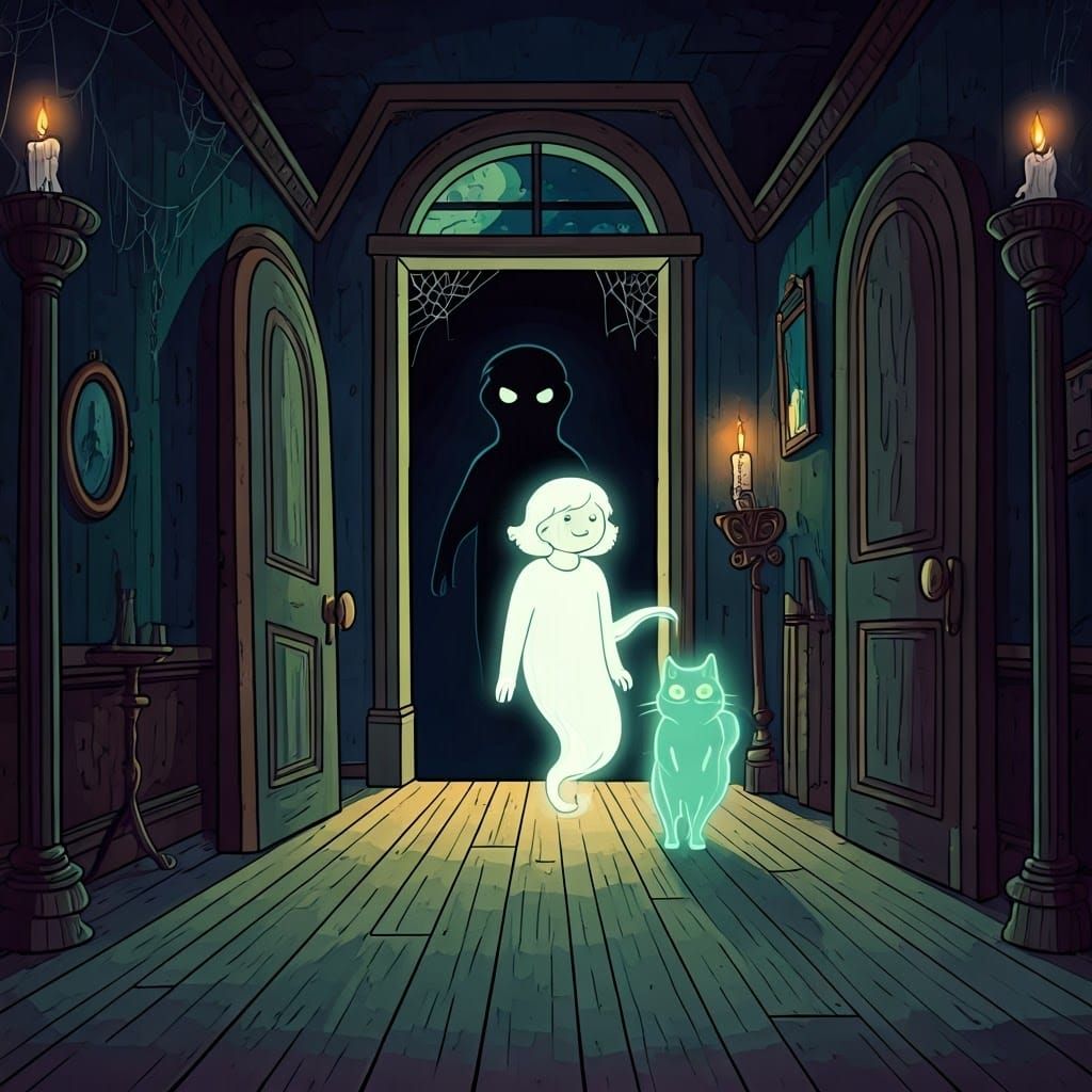 Ethereal Child Ghost in Haunted Mansion, Cartoon Style