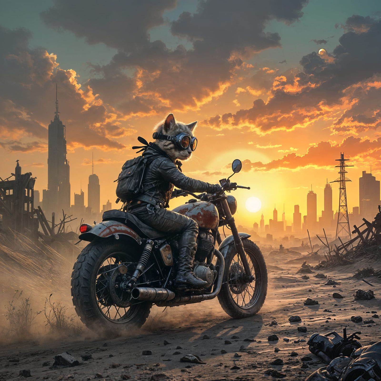 Motorcycle Kitten in Post-Apocalyptic Wasteland