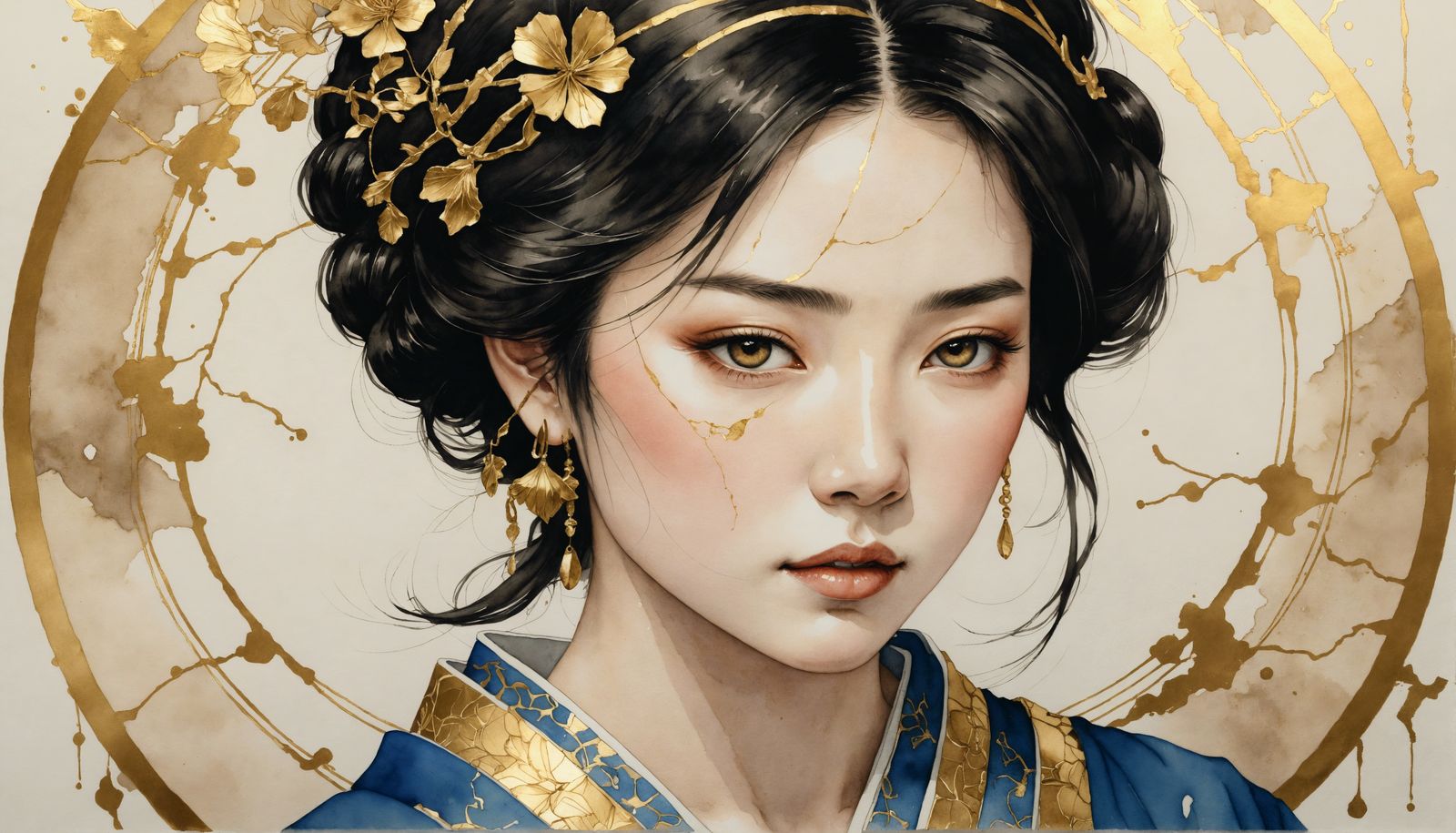 Kintsugi Portrait of Serene Woman in Gold