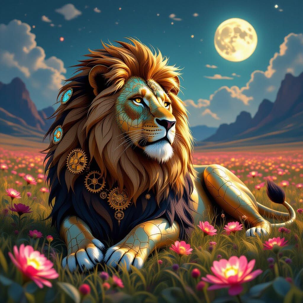 Steampunk Lion in Bioluminescent Field as Digital Art