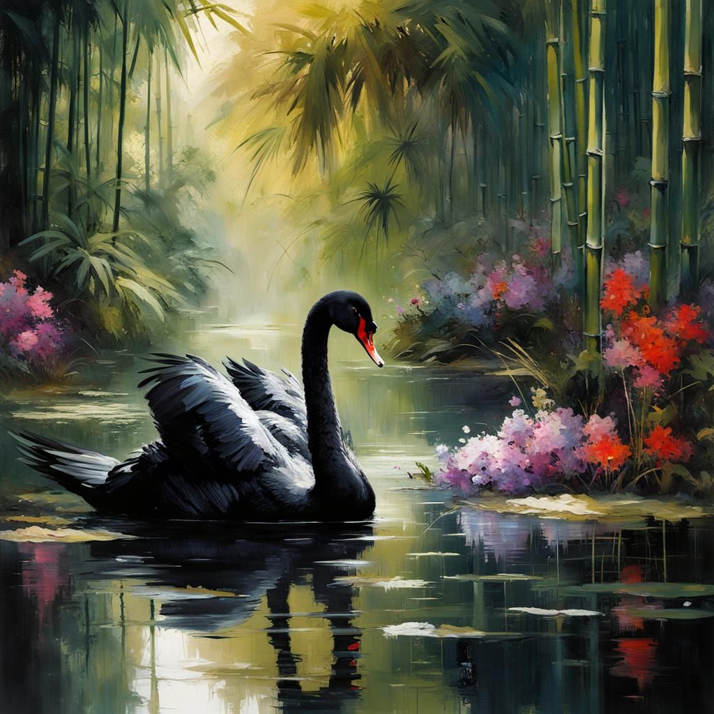 Detailed Black Swan in Bamboo Forest Painting