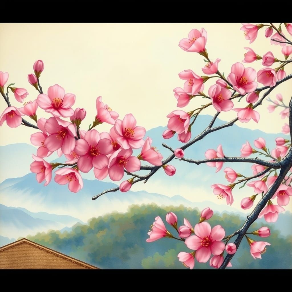 Sakura Blossoms in Serene Japanese Landscape