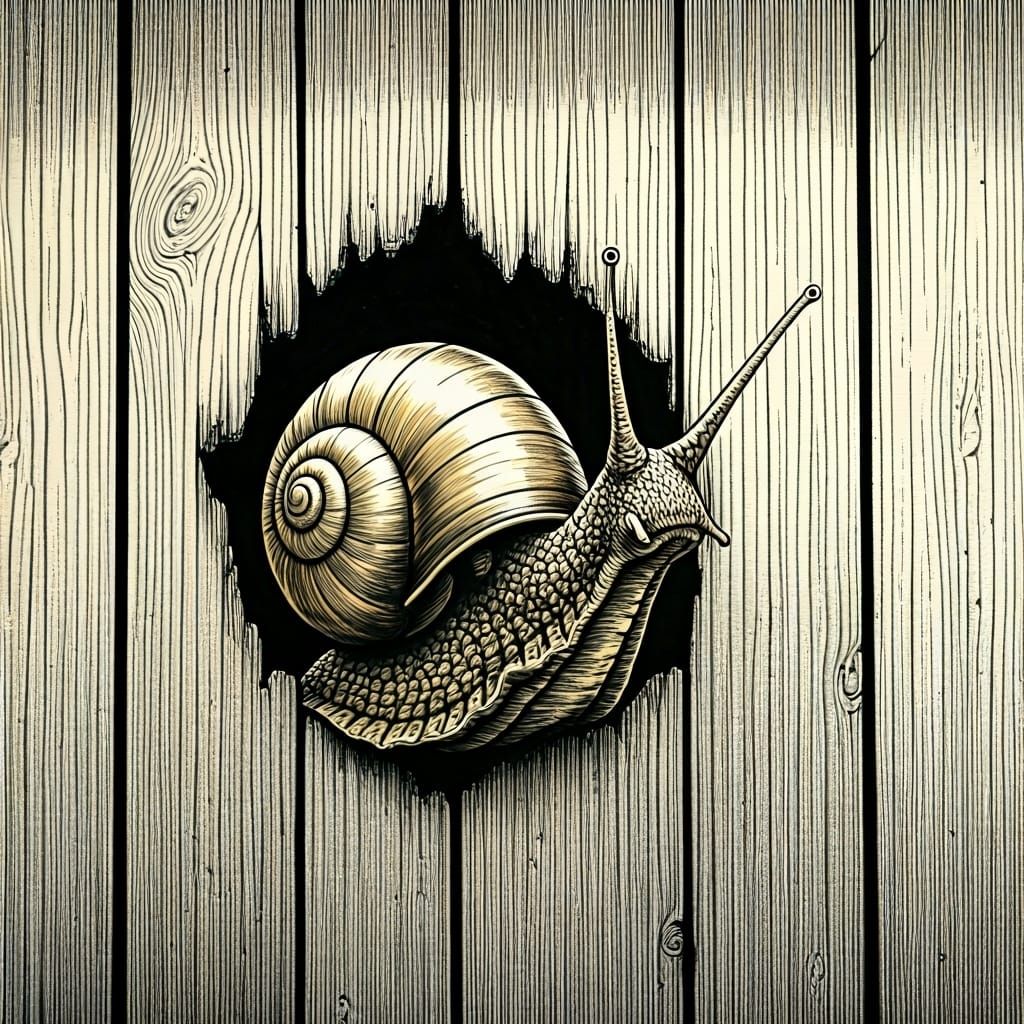 Brass-Shelled Snail Peeking Through Fence, Ink Drawing