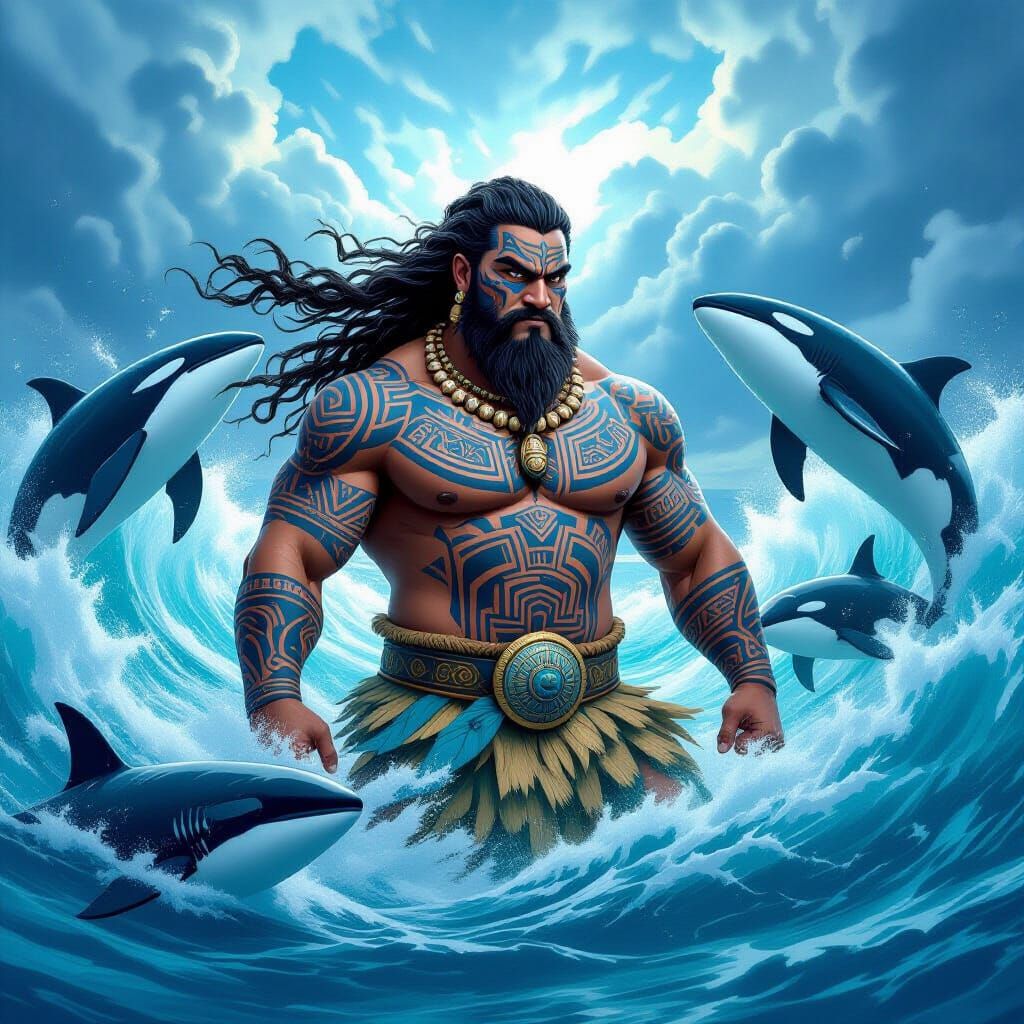 Maori Sea God with Tattoos, Whales, and Sharks