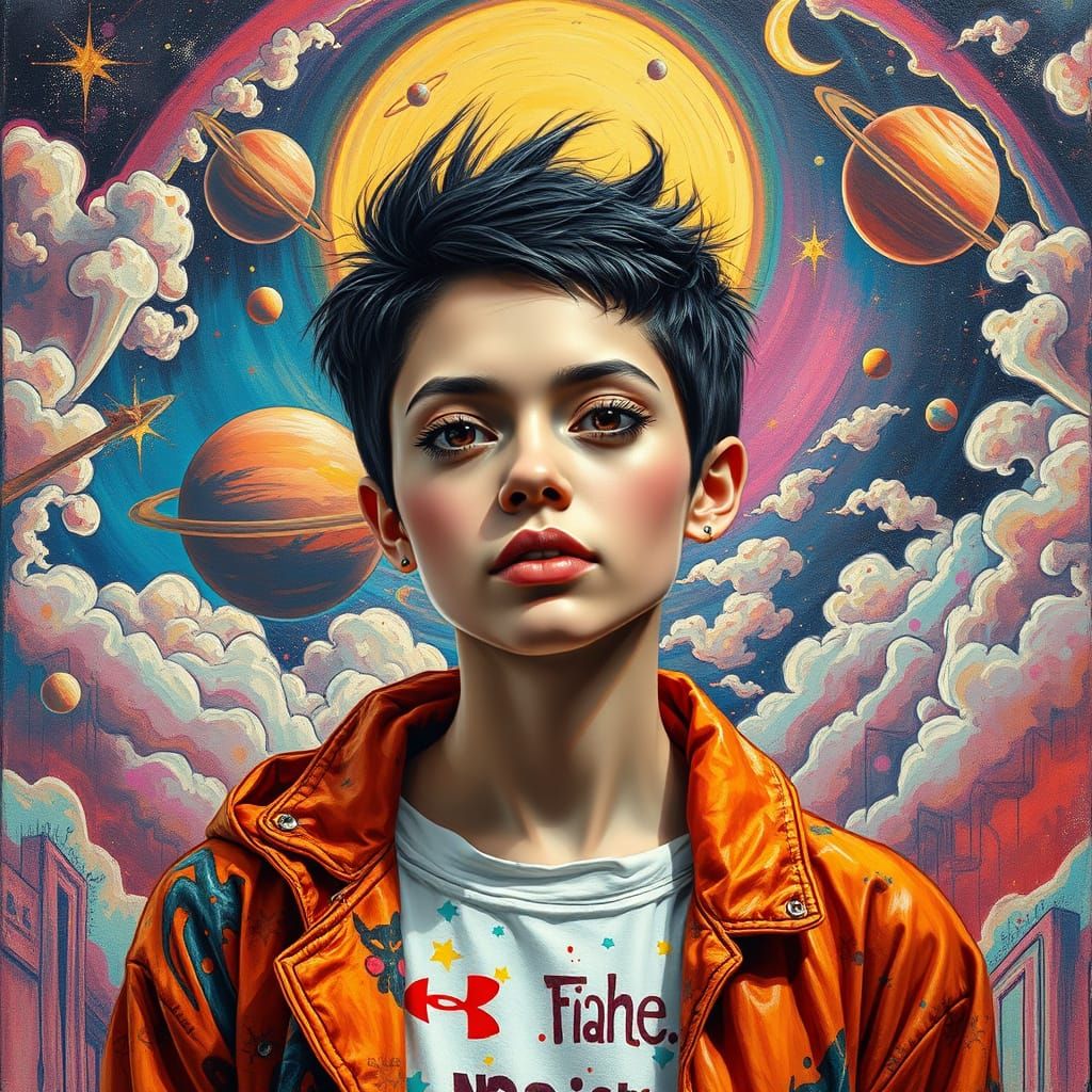 Vibrant Cyberpunk Goddess in a Swirling Cosmic Universe