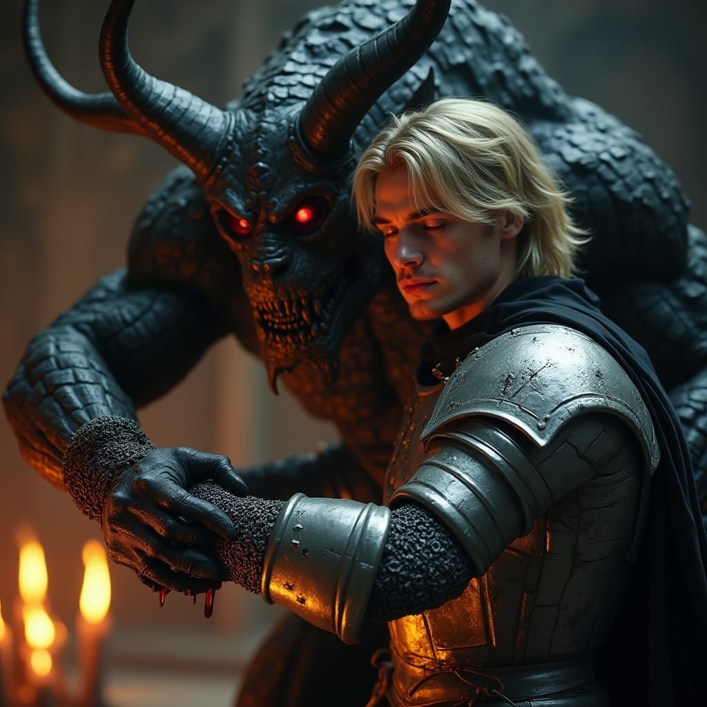 Warrior Lifted by Demon in Hyper-Realistic Style