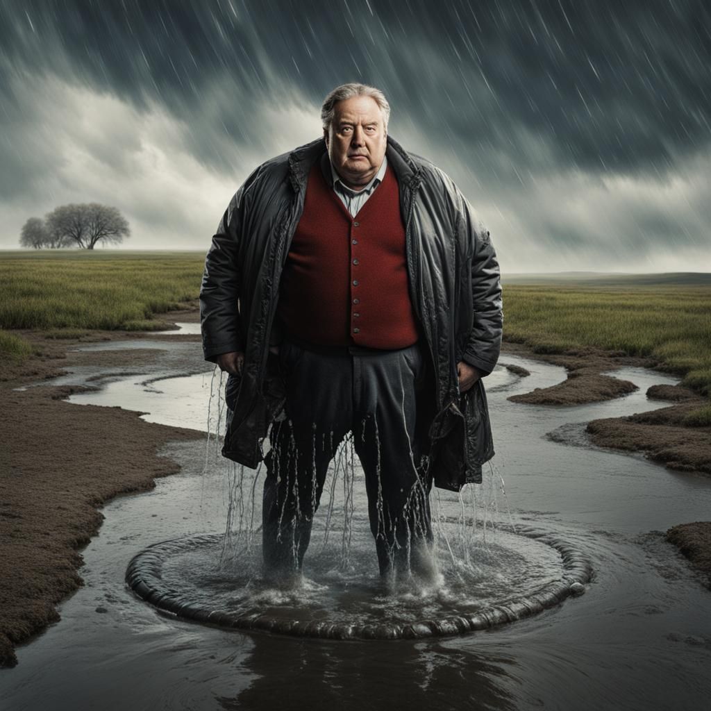 Surreal Bloated Man Sprays Water