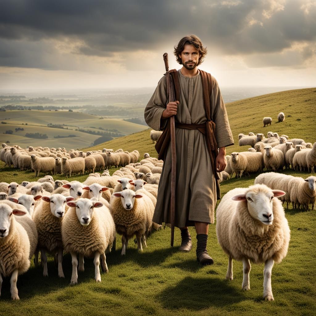 Biblical Shepherd Boy with Sheep on Hill