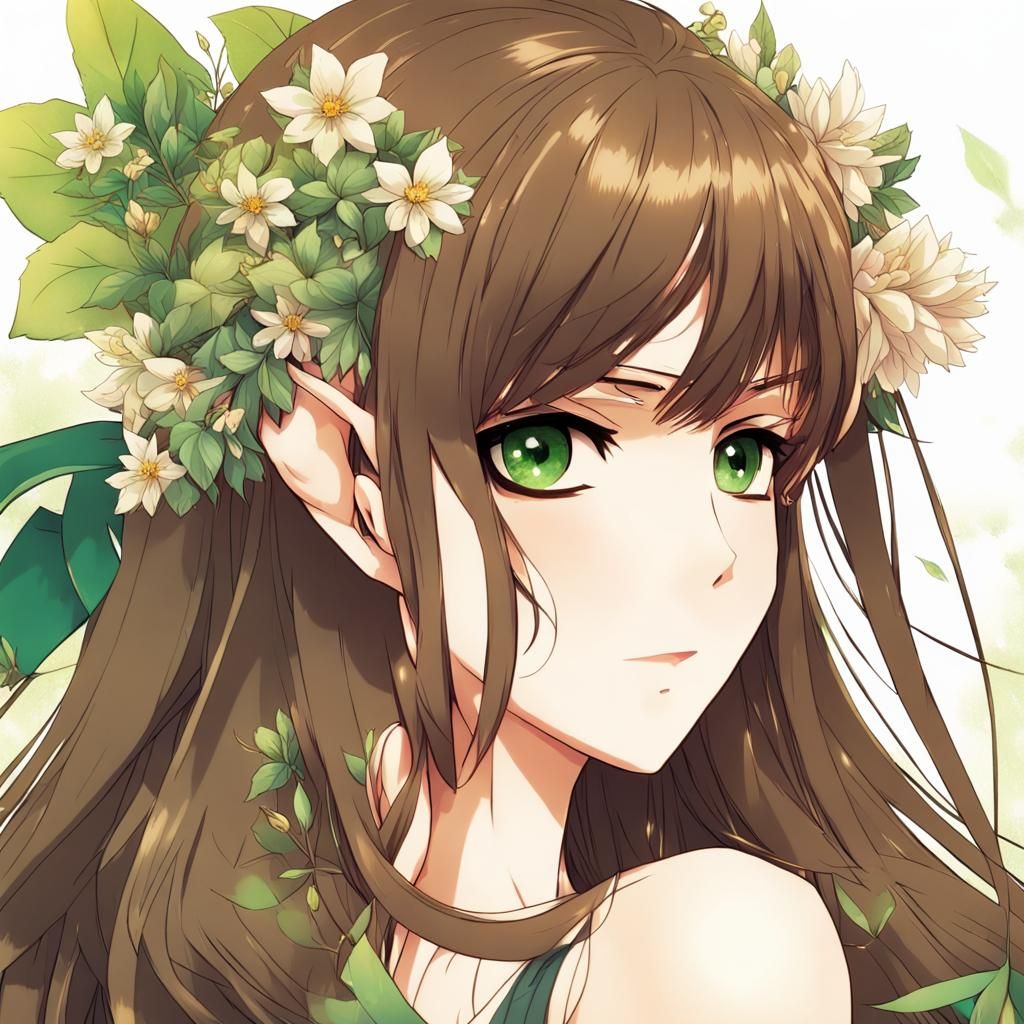 Earth Elf Girl with Flowers, in Anime Style