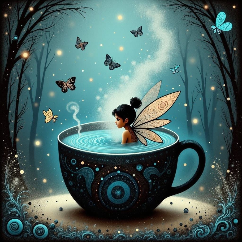 Whimsical Faeries in a Steaming Coffee Mug Forest