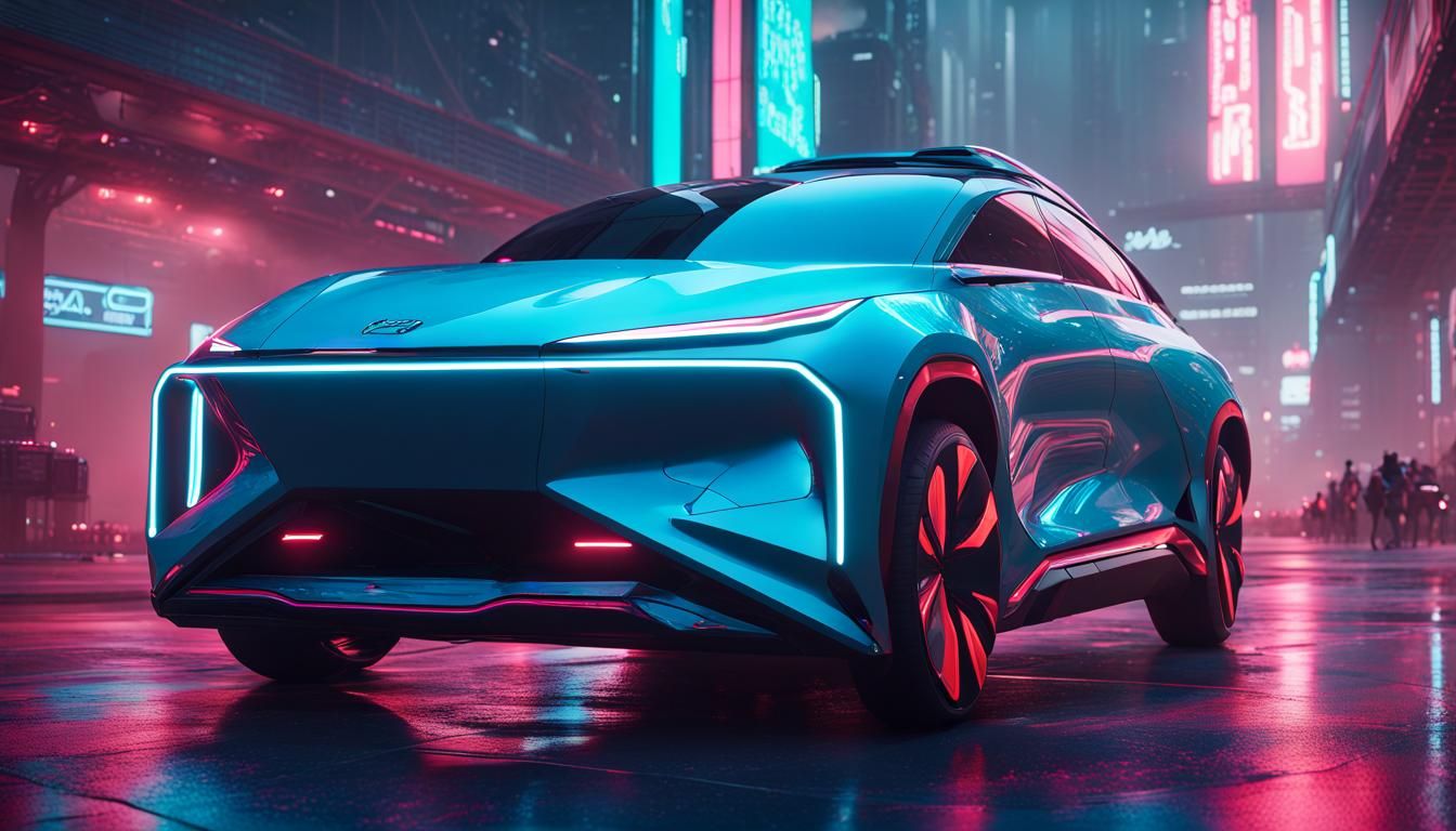 Futuristic Neon Electric Sedan Concept in Cyberpunk Style