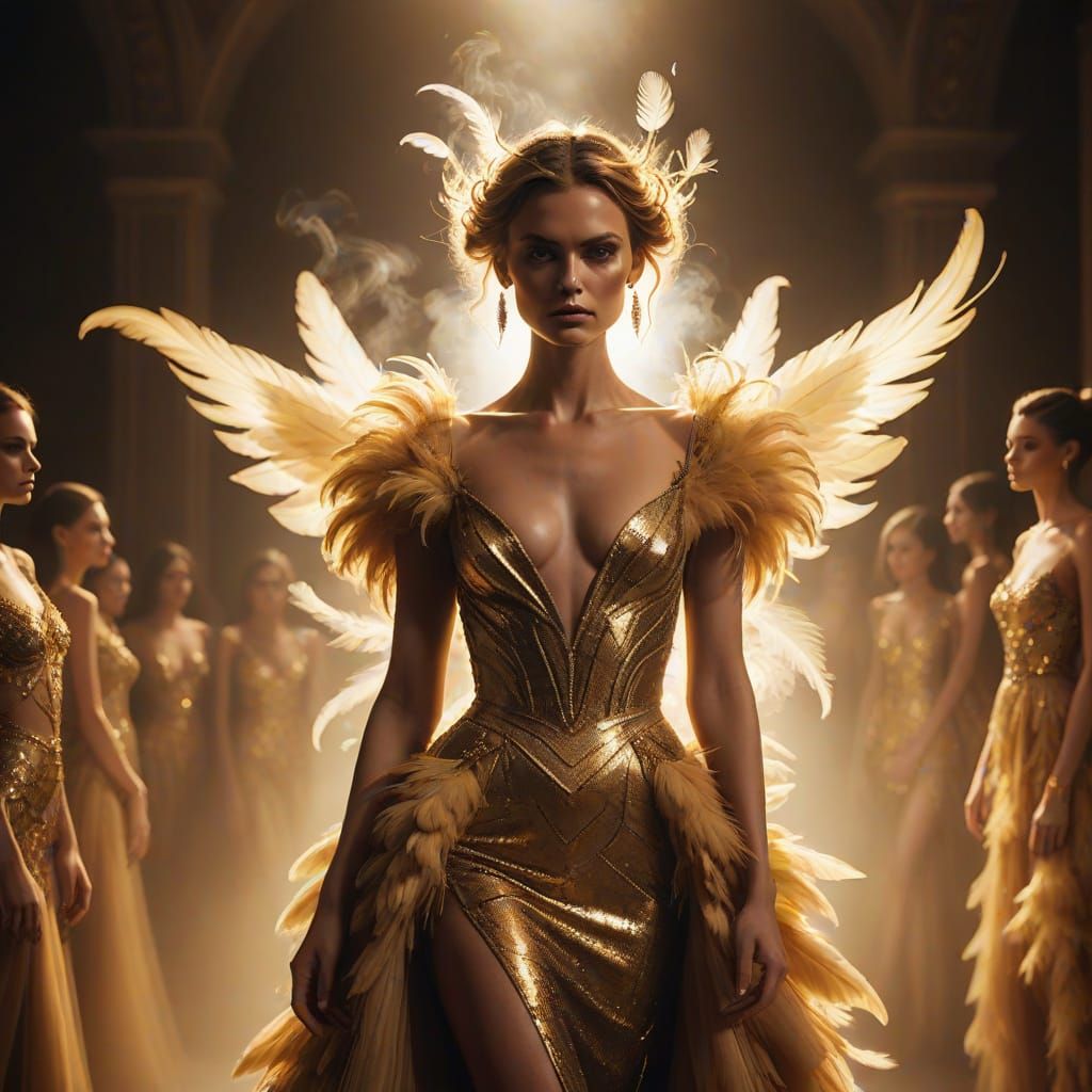 Fashion Model Reigns Supreme in Golden Gown with Celestial a...
