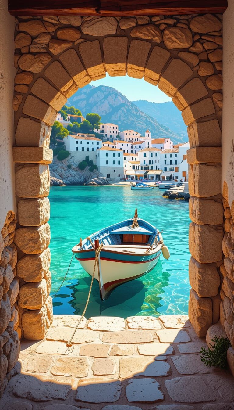 Stone Archway to Mediterranean Seascape with Fishing Boat